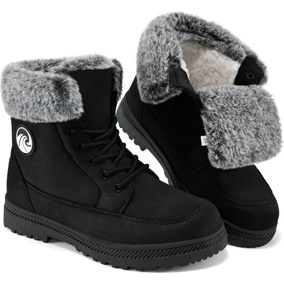 Shoes - Women’s Black Warm Fur Lined Ankle Booties Lace Up Slip-On Outdoor Boots